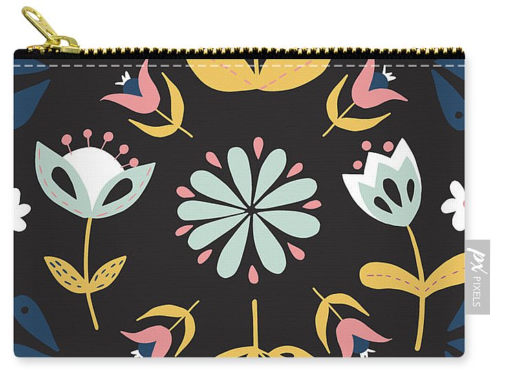 Folk Flower Pattern in Black and Blue - Carry-All Pouch