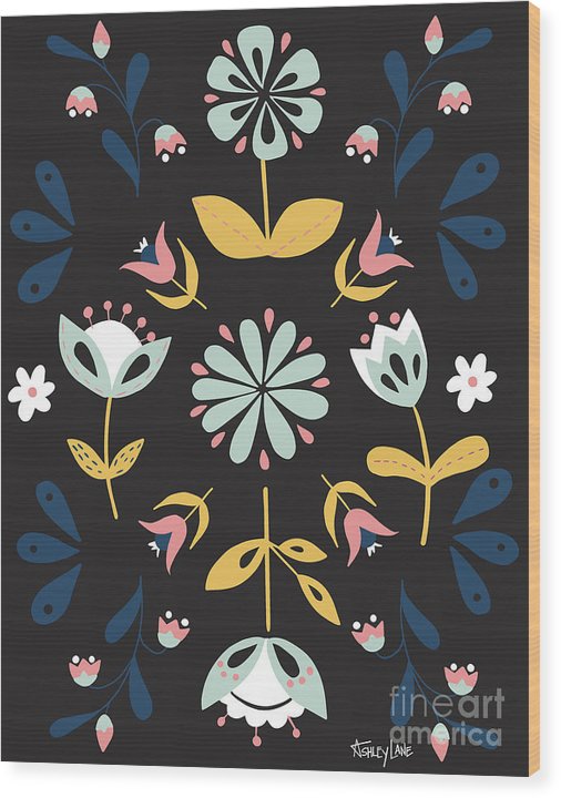 Folk Flower Pattern in Black and Blue - Wood Print