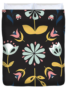 Folk Flower Pattern in Black and Blue - Duvet Cover