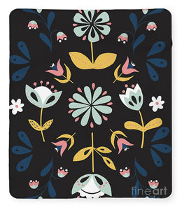 Folk Flower Pattern in Black and Blue - Blanket