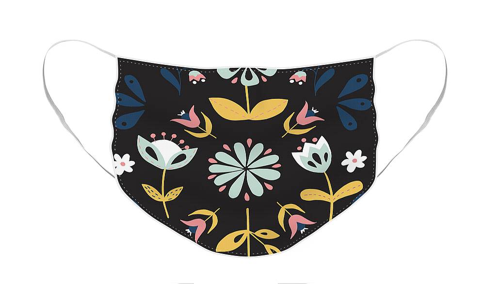 Folk Flower Pattern in Black and Blue - Face Mask
