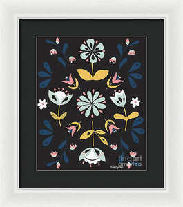 Folk Flower Pattern in Black and Blue - Framed Print