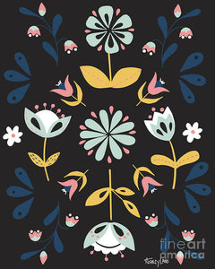 Folk Flower Pattern in Black and Blue - Art Print