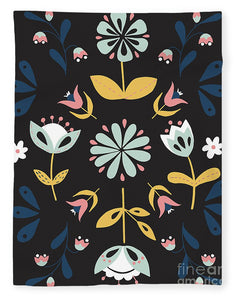 Folk Flower Pattern in Black and Blue - Blanket