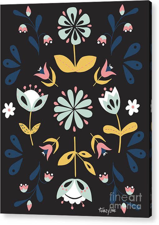 Folk Flower Pattern in Black and Blue - Acrylic Print