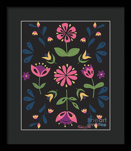 Folk Flower Pattern in Black and Pink - Framed Print