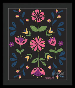 Folk Flower Pattern in Black and Pink - Framed Print