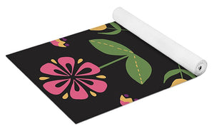 Folk Flower Pattern in Black and Pink - Yoga Mat