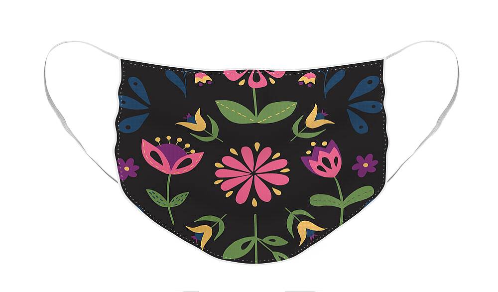 Folk Flower Pattern in Black and Pink - Face Mask