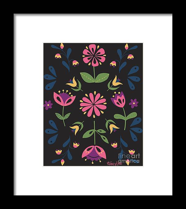 Folk Flower Pattern in Black and Pink - Framed Print
