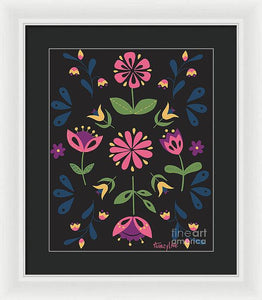 Folk Flower Pattern in Black and Pink - Framed Print
