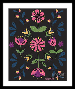 Folk Flower Pattern in Black and Pink - Framed Print