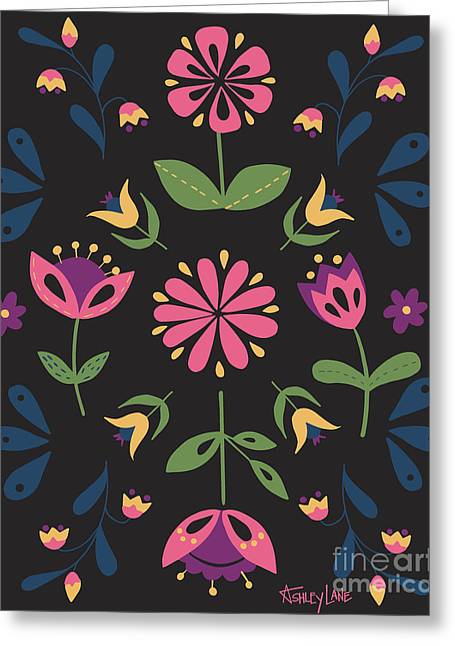 Folk Flower Pattern in Black and Pink - Greeting Card