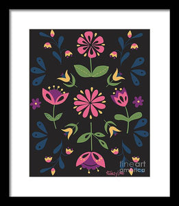 Folk Flower Pattern in Black and Pink - Framed Print