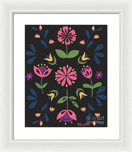Folk Flower Pattern in Black and Pink - Framed Print
