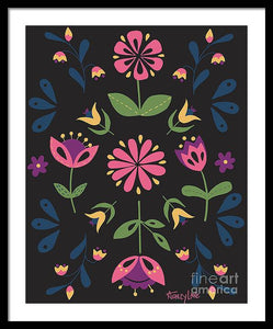 Folk Flower Pattern in Black and Pink - Framed Print