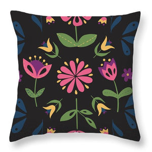 Folk Flower Pattern in Black and Pink - Throw Pillow
