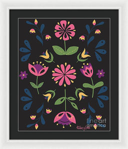 Folk Flower Pattern in Black and Pink - Framed Print