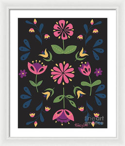 Folk Flower Pattern in Black and Pink - Framed Print