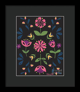 Folk Flower Pattern in Black and Pink - Framed Print