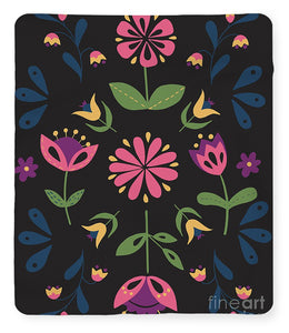 Folk Flower Pattern in Black and Pink - Blanket