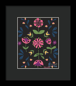 Folk Flower Pattern in Black and Pink - Framed Print