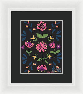 Folk Flower Pattern in Black and Pink - Framed Print