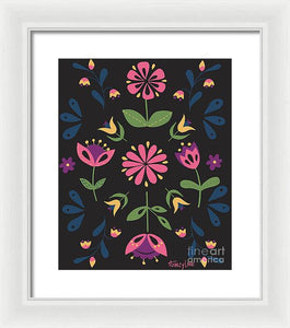 Folk Flower Pattern in Black and Pink - Framed Print