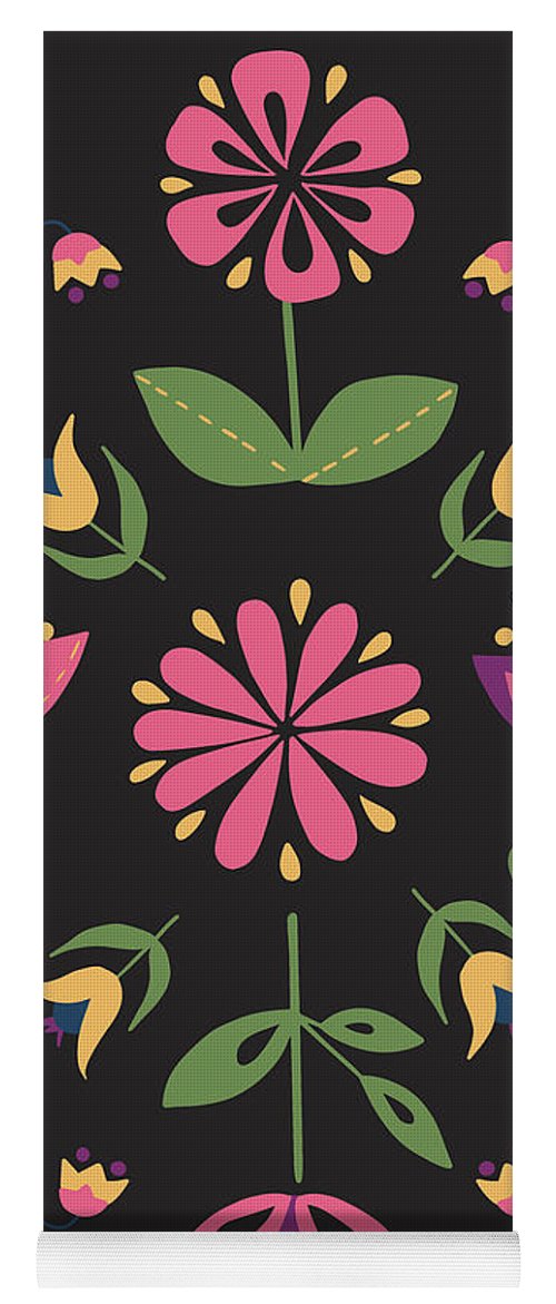 Folk Flower Pattern in Black and Pink - Yoga Mat