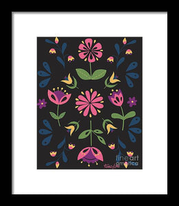 Folk Flower Pattern in Black and Pink - Framed Print