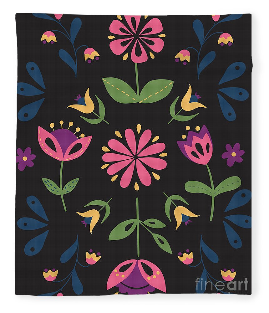 Folk Flower Pattern in Black and Pink - Blanket