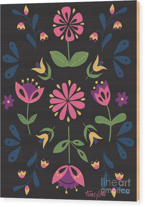 Folk Flower Pattern in Black and Pink - Wood Print