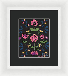 Folk Flower Pattern in Black and Pink - Framed Print