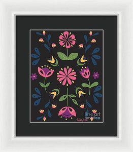 Folk Flower Pattern in Black and Pink - Framed Print