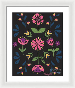 Folk Flower Pattern in Black and Pink - Framed Print