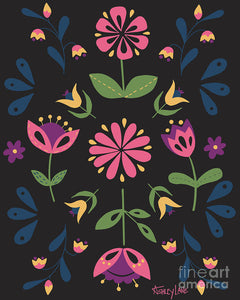 Folk Flower Pattern in Black and Pink - Art Print