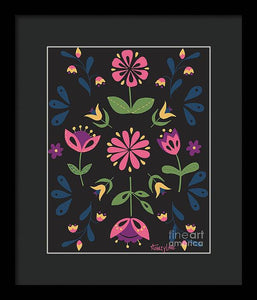 Folk Flower Pattern in Black and Pink - Framed Print