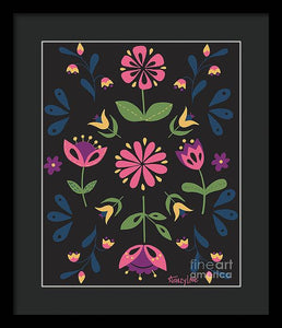 Folk Flower Pattern in Black and Pink - Framed Print