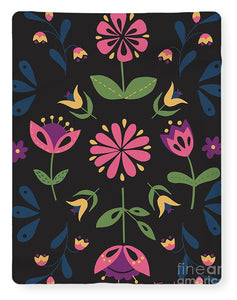 Folk Flower Pattern in Black and Pink - Blanket