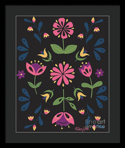 Folk Flower Pattern in Black and Pink - Framed Print