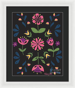 Folk Flower Pattern in Black and Pink - Framed Print