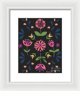 Folk Flower Pattern in Black and Pink - Framed Print