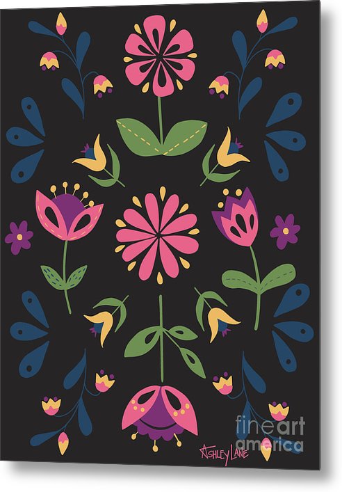 Folk Flower Pattern in Black and Pink - Metal Print