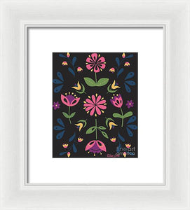 Folk Flower Pattern in Black and Pink - Framed Print