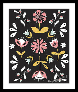 Folk Flower Pattern in Black and White - Framed Print