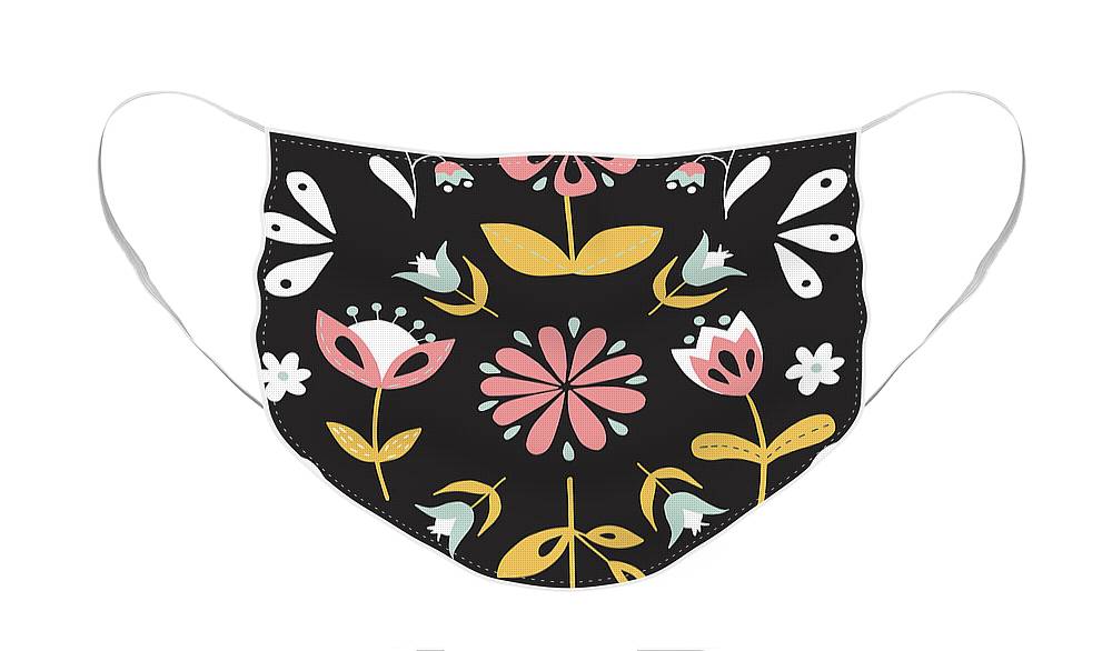 Folk Flower Pattern in Black and White - Face Mask