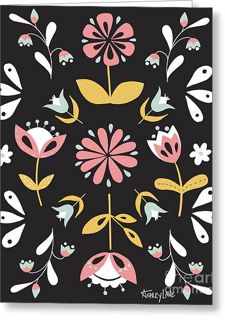 Folk Flower Pattern in Black and White - Greeting Card