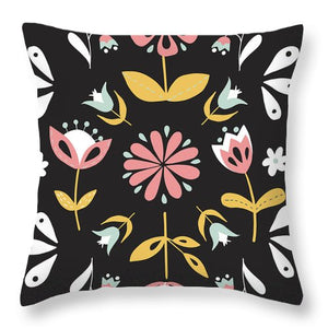 Folk Flower Pattern in Black and White - Throw Pillow