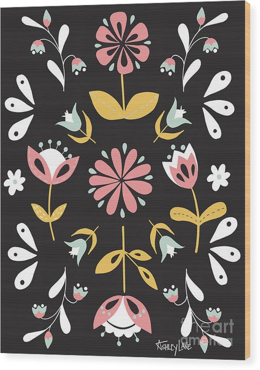Folk Flower Pattern in Black and White - Wood Print