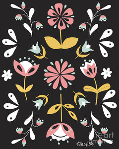 Folk Flower Pattern in Black and White - Art Print